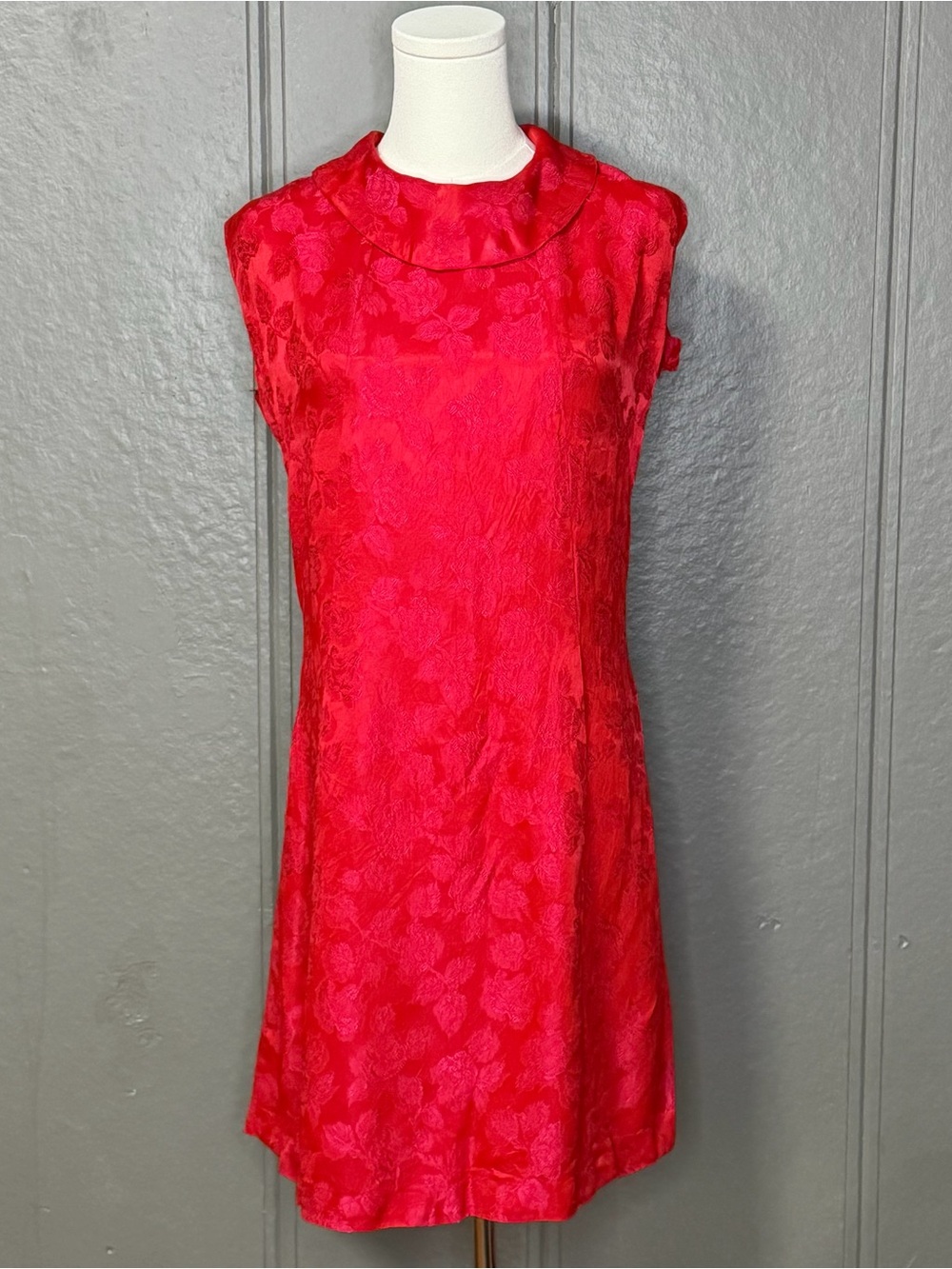 Vintage Red Satin Floral Sheath Dress